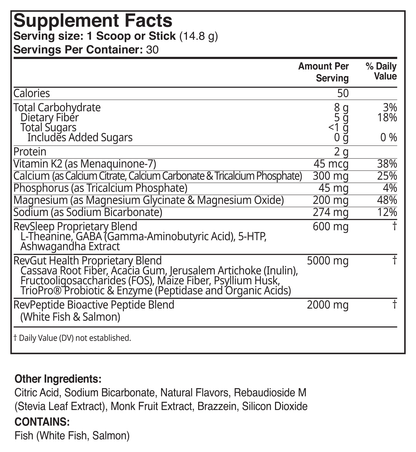 PM Sleep Supplement Facts: 30 servings of 14.8 g, 50 calories, magnesium, calcium, vitamin K2, and sleep, gut and peptide blends. Contains fish.