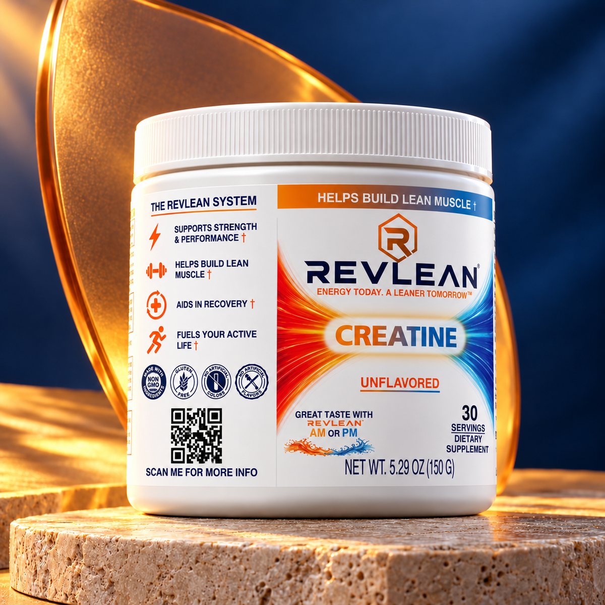 Revlean unflavored creatine tub on travertine with an amber backdrop, 30 servings, net wt 150 g