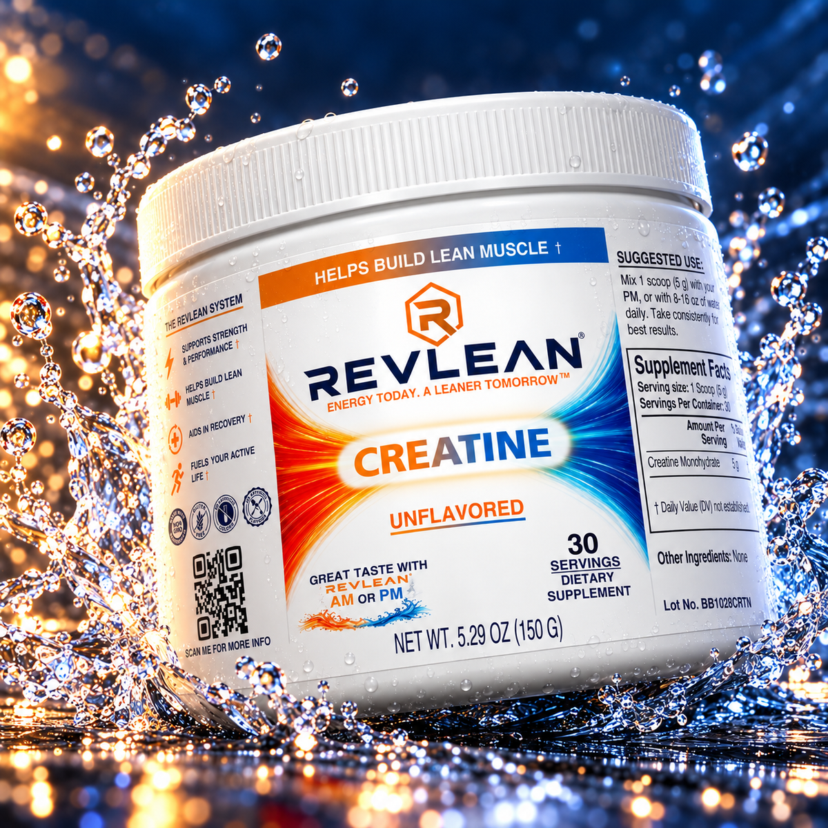 Revlean unflavored creatine tub in a water splash, showing the Supplement Facts panel: 5 g creatine monohydrate per scoop