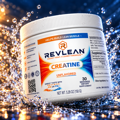 Revlean unflavored creatine tub in a water splash, showing the Supplement Facts panel: 5 g creatine monohydrate per scoop