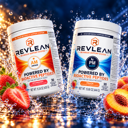 Revlean AM Awake and PM Sleep tubs side by side in a water splash with strawberries and peaches