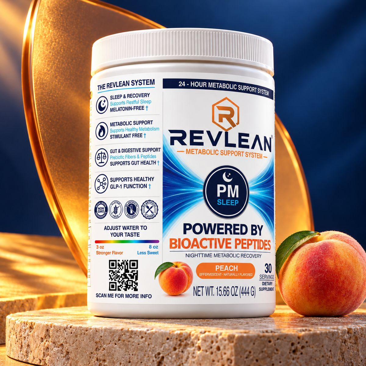 Revlean PM Sleep peach tub beside a fresh peach on travertine, showing the side label and QR code