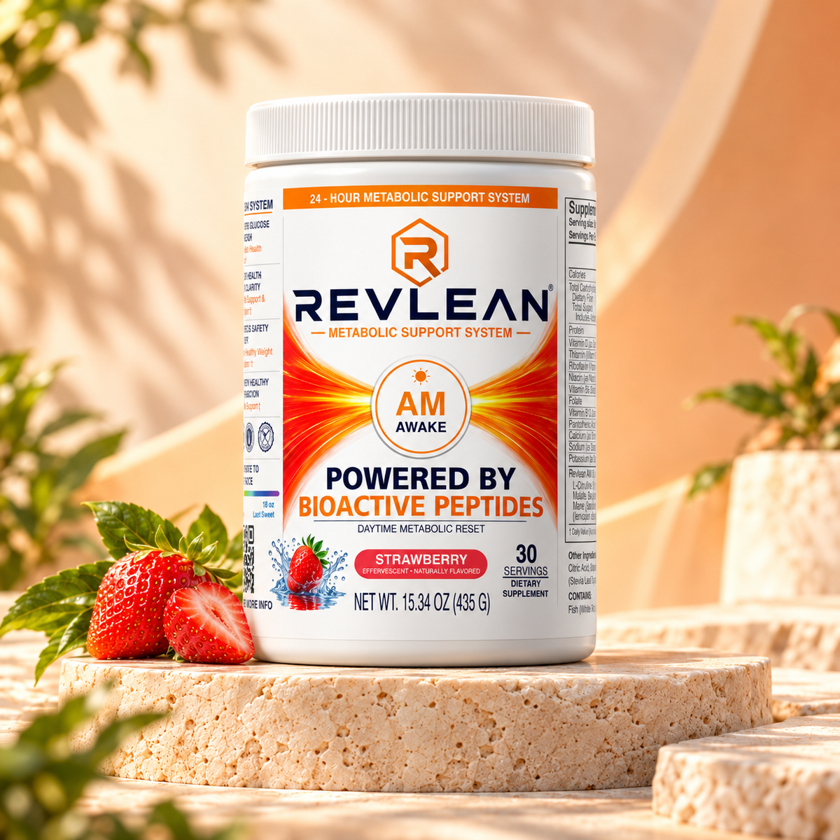 Revlean AM Awake strawberry drink mix on cream travertine in warm morning light