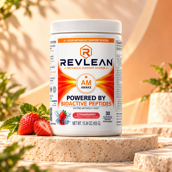 Revlean AM Awake strawberry drink mix on cream travertine in warm morning light