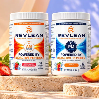 Revlean AM Awake and PM Sleep bundle, centered on cream travertine with strawberry and peach