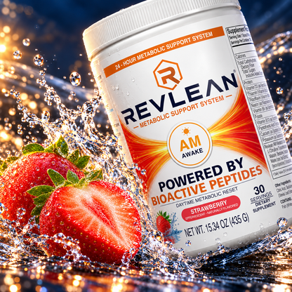 Revlean AM Awake strawberry drink mix with fresh strawberries and splashing water in warm morning light