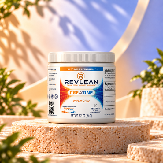 Revlean unflavored creatine on sunlit travertine with natural contact shadow and a defined closed-lid seam
