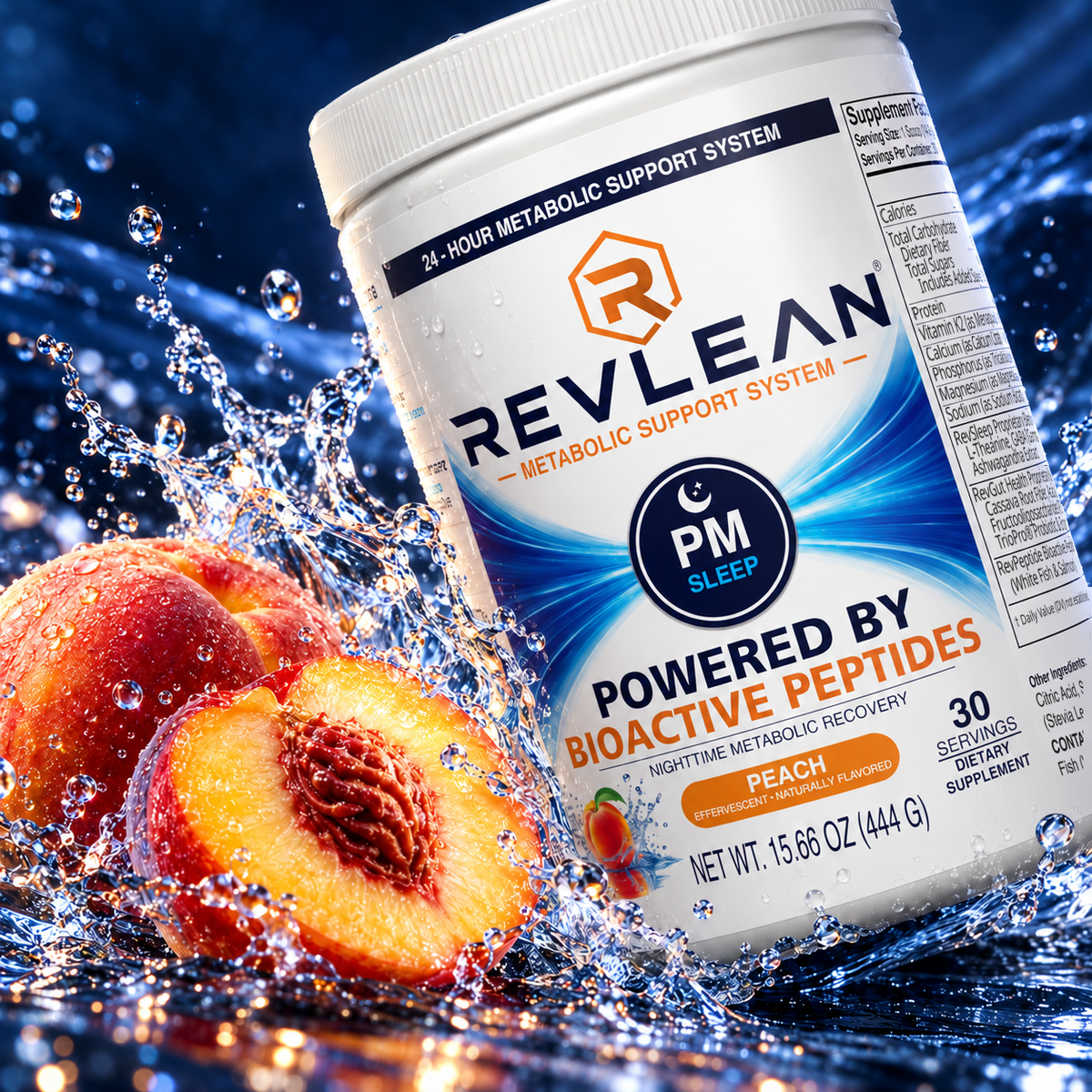 Revlean PM Sleep peach drink mix in an angled close-up with peaches and splashing water against a navy background