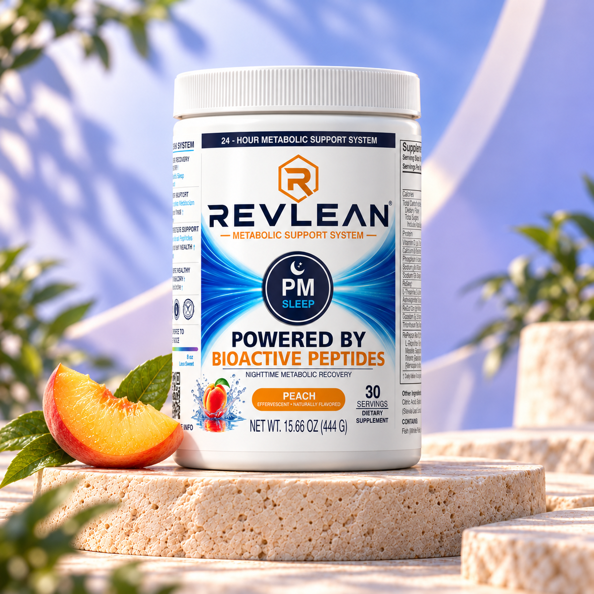 Included in the 30-Day System: PM Sleep peach drink mix, 30 servings