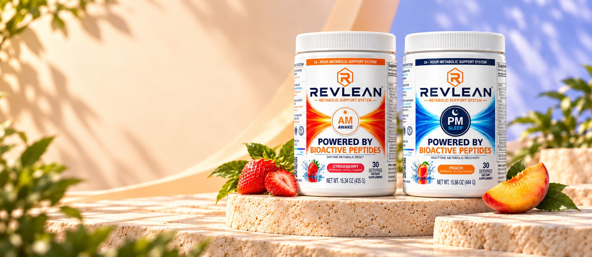 Revlean AM Awake and PM Sleep tubs on sunlit stone with strawberry and peach